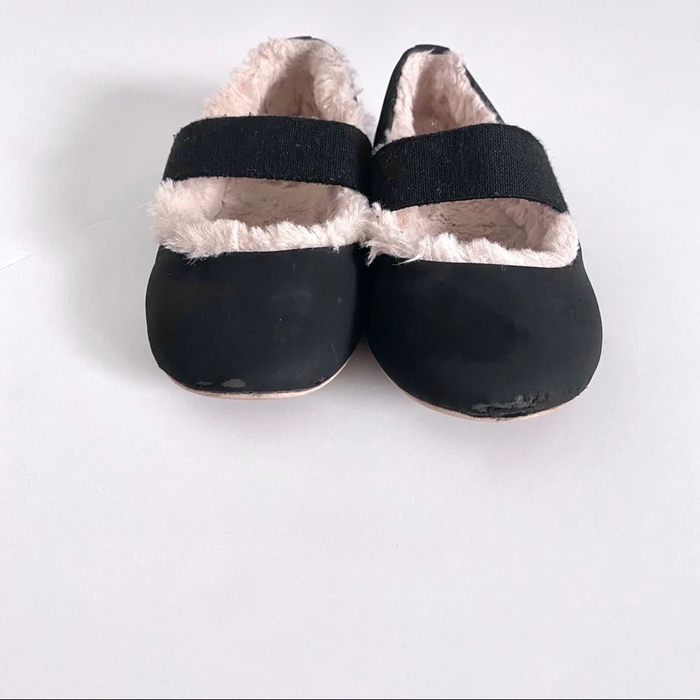 Zara Baby Girl Black Faux Fur Lined Ballet Slippers Cozy Soft Flats